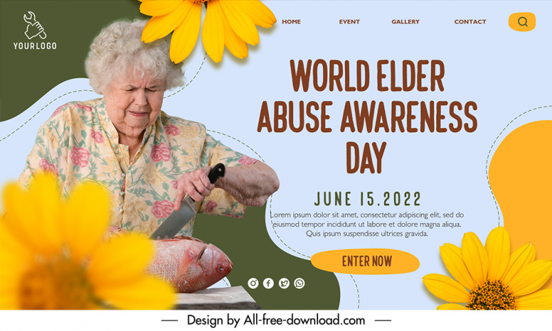 landing page world elder abuse awareness day template old woman cooking sketch petals decor