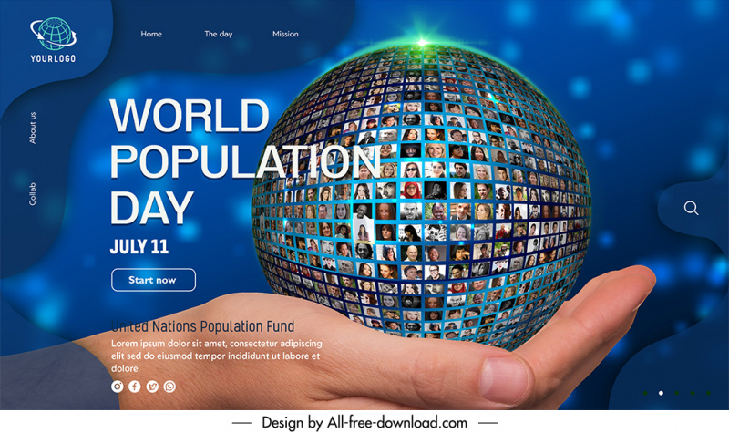 landing page world population day template modern realistic hand holding globe people pictures sketch