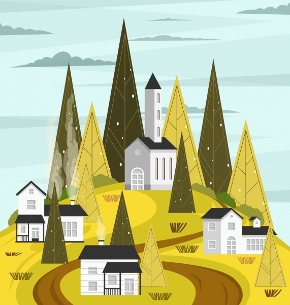 landscape painting houses hill trees icons geometric design