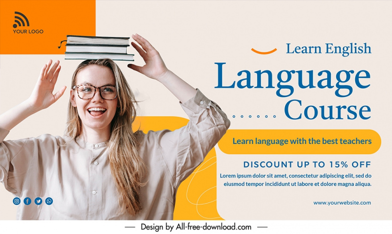 language course banner template happy girl joful book 