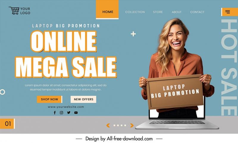 laptop big promotion landing page template dynamic happy lady 