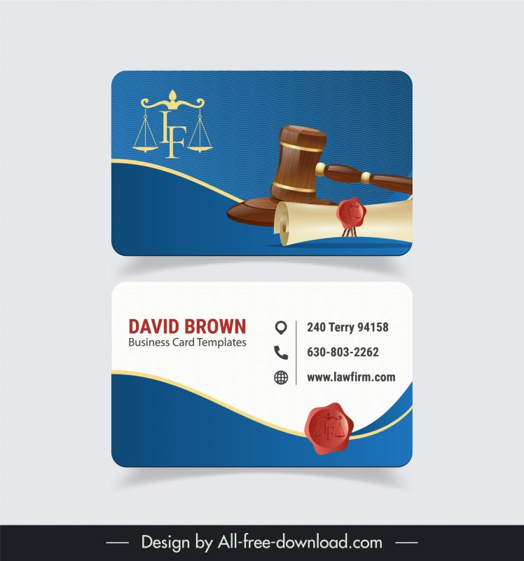 Law firm business card template 3d elegant curves hammer Vectors images