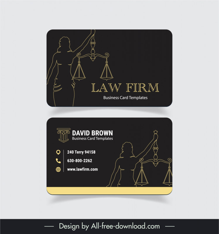 law firm business card template dark handdrawn statue scale