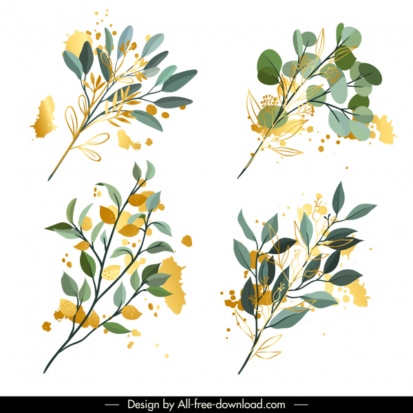 leaf branch icons colored classic grunge sketch