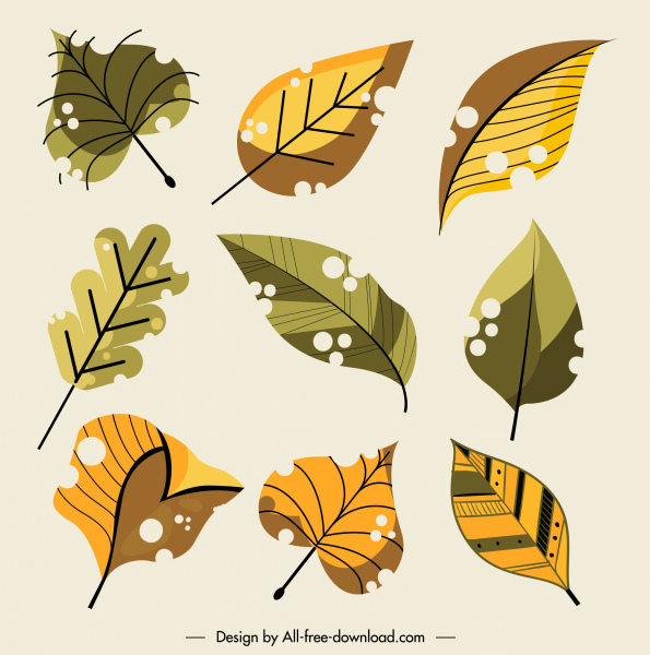 leaf icons colored classic handdrawn sketch