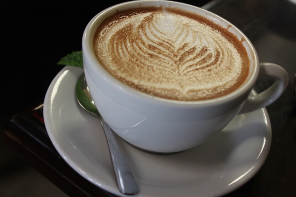 leaf latte art in a white mug on a dish 