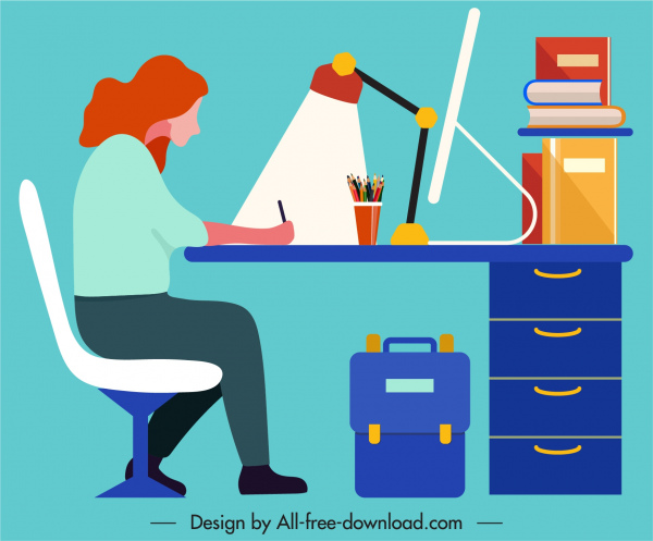 learning background woman desk sketch colorful flat design