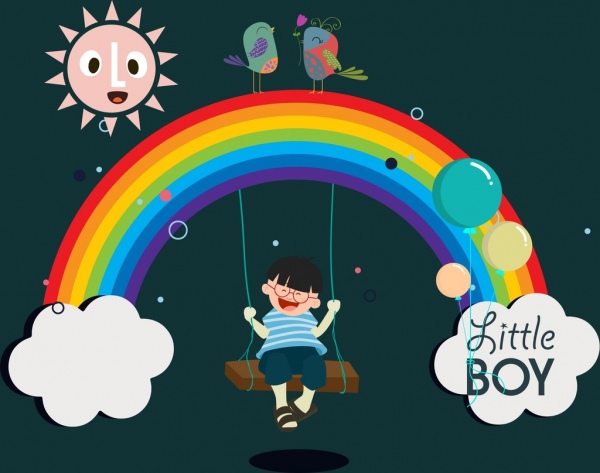 legendary background swinging boy multicolored rainbow birds icons