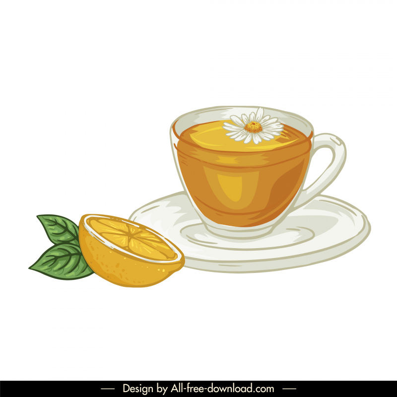 lemon tea icon classical fruit cup flower sketch handdrawn design 