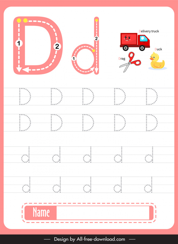letter d lowercase practice worksheet template flat texts symbols sketch