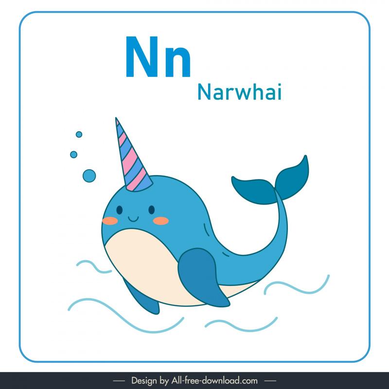 letter n alphabet design elements cute handdrawn cartoon narwhal 