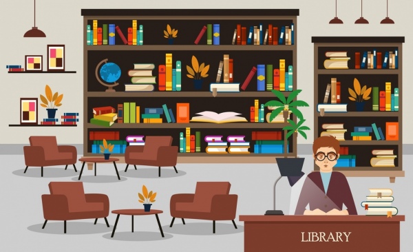 library drawing bookshelves librarian chairs icons 