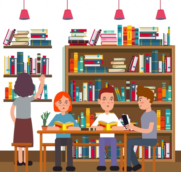 library drawing readers bookshelf icons colored cartoon