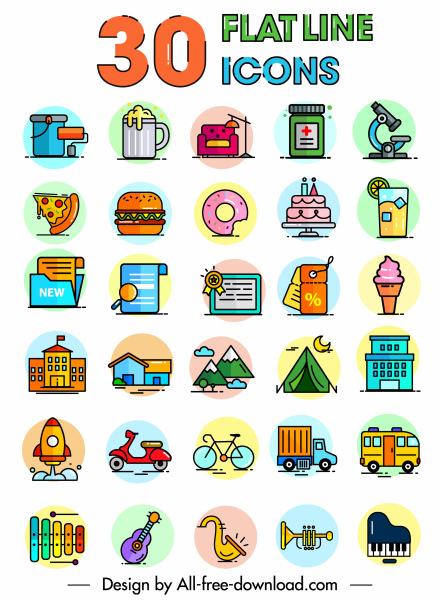 life icons collection colorful flat classical sketch