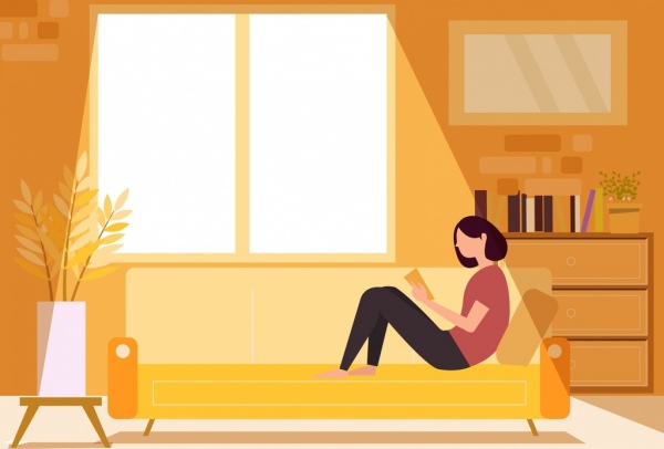 lifestyle background reading woman sofa sunlight icons