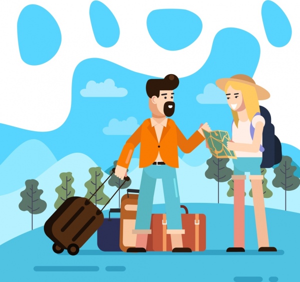 lifestyle background travel theme young couple luggage icons