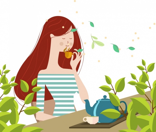 lifestyle drawing woman drinking tea icon colored cartoon