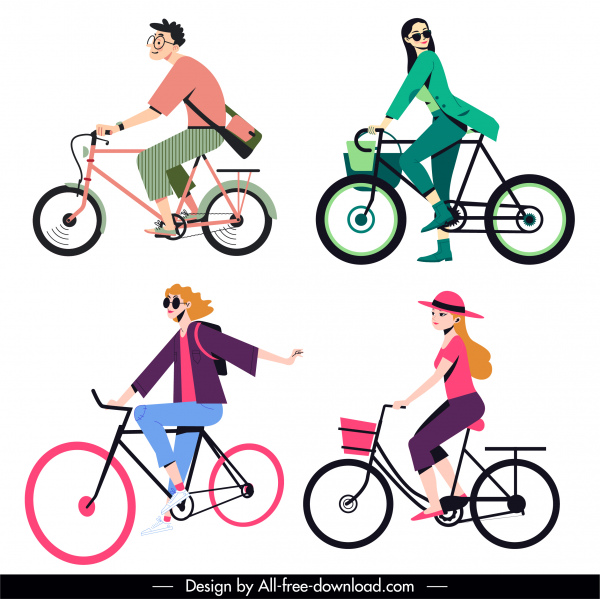 lifestyle icons bicycle riding sketch cartoon characters