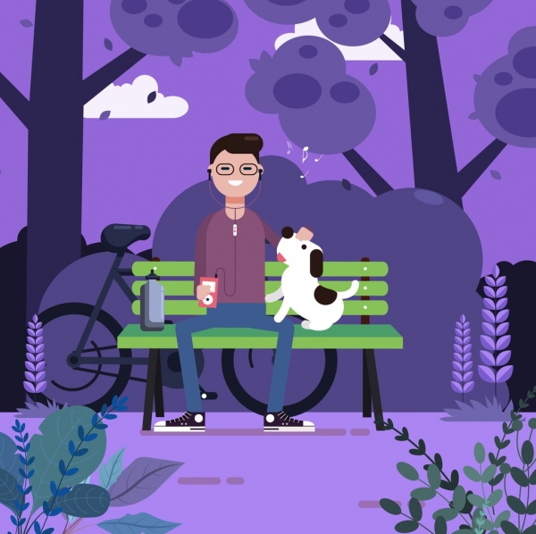 lifestyle painting relaxed man pet park icons
