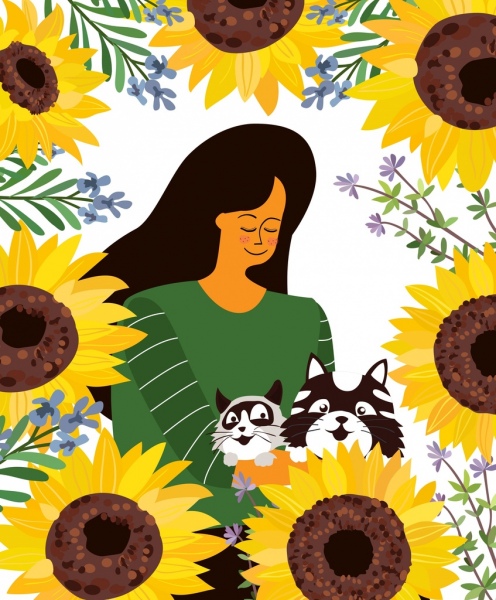 lifestyle painting woman pets sunflowers icons cartoon design 