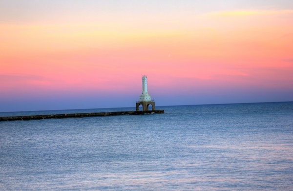 lighthouse at dusk at port washington wisconsin 