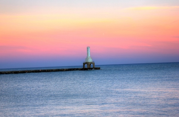 lighthouse at dusk at port washington wisconsin