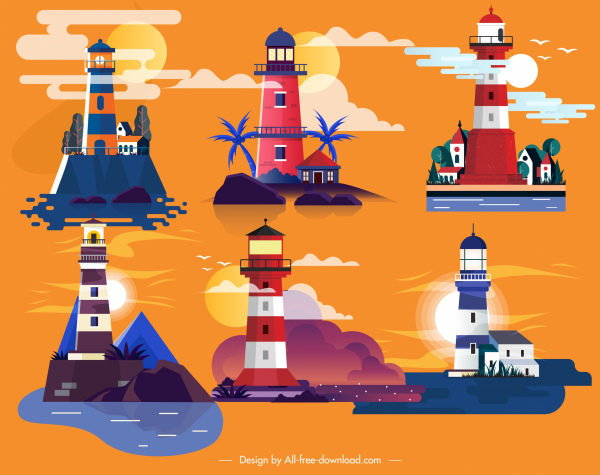 lighthouse icons colorful classical design