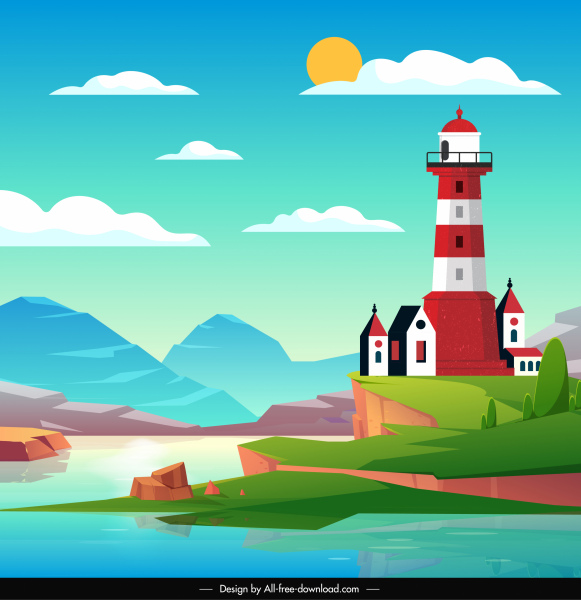 lighthouse scenery painting bright colorful design 