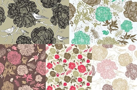 flower patterns background sets retro colored sketch style
