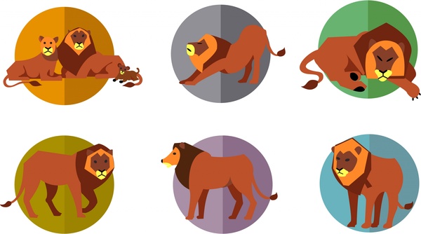 lions icons set with various posing styles