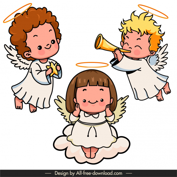 little angels icons cute joyful kids sketch