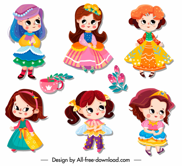 little princess icons cute cartoon characters sketch