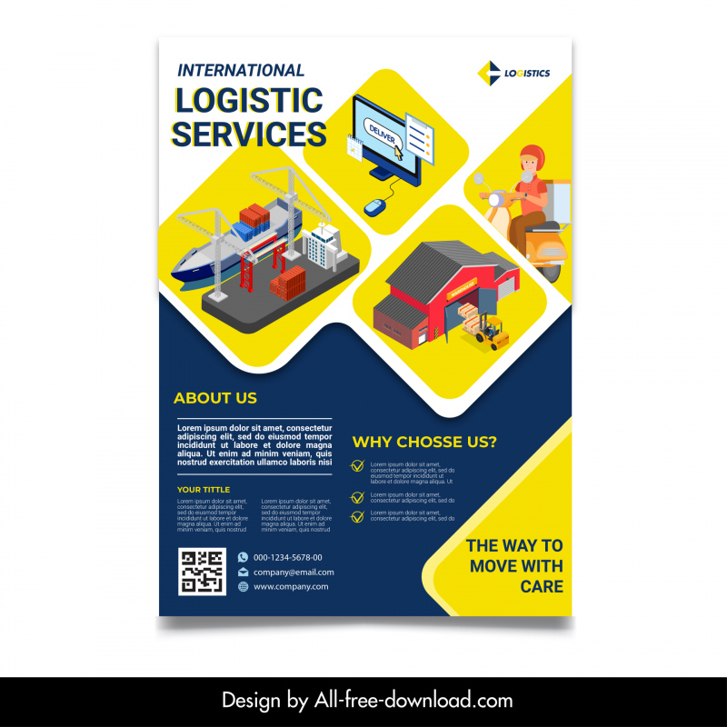 logistic services flyer template isolated geometry vessel quay computer warehouse shipper icons sketch