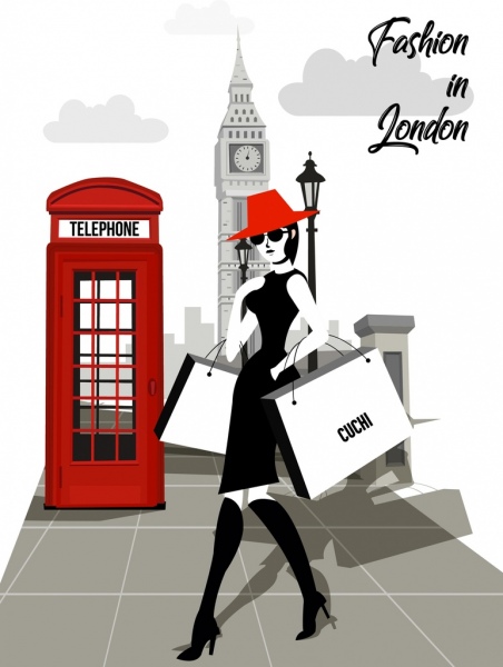 london fashion banner lady landmark icons cartoon design