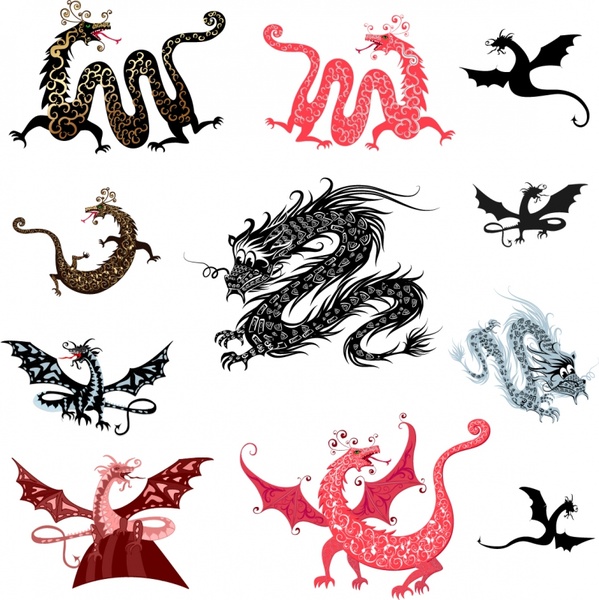 dragons icons colored classic design