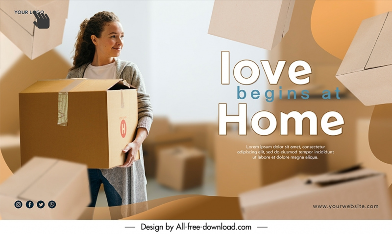 love begins at home banner template woman carrying carton boxes