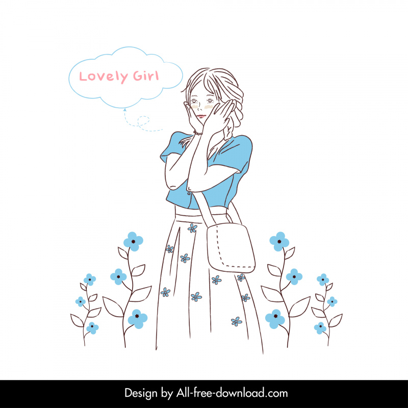   lovely girl icon cute flat handdrawn cartoon sketch 