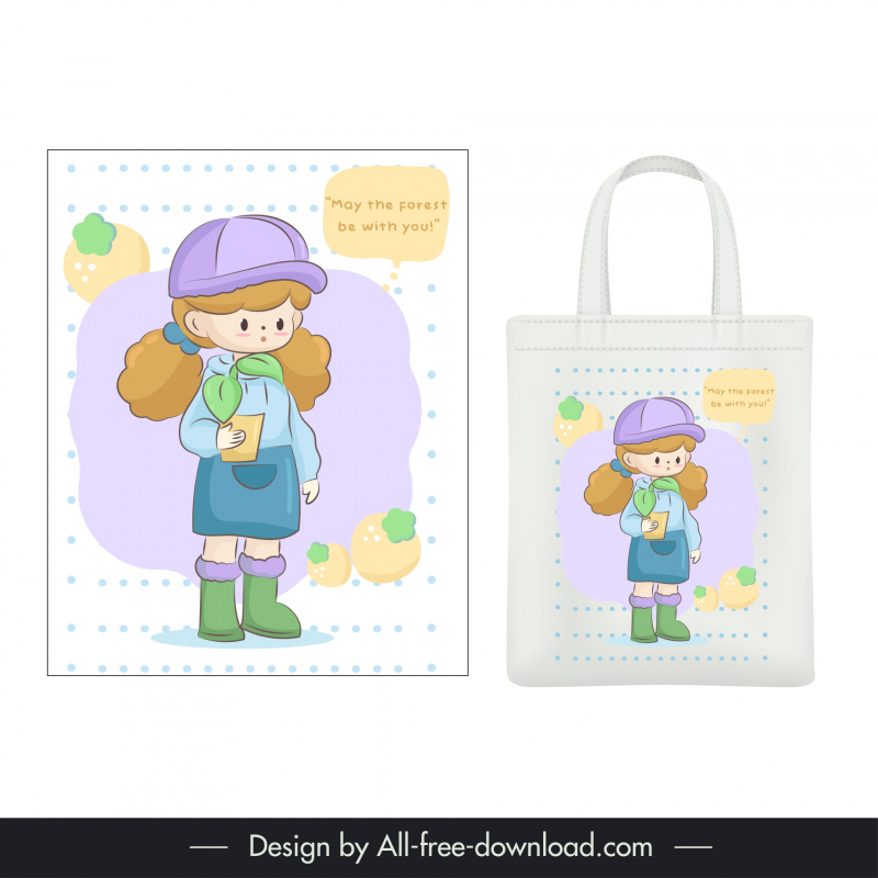 lovely girl tote bag template cute cartoon character