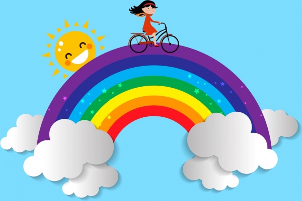 magic background little girl riding bicycle rainbow icons