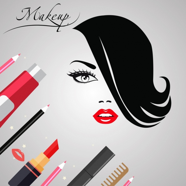 makeup banner woman face sketch accessories icons ornament