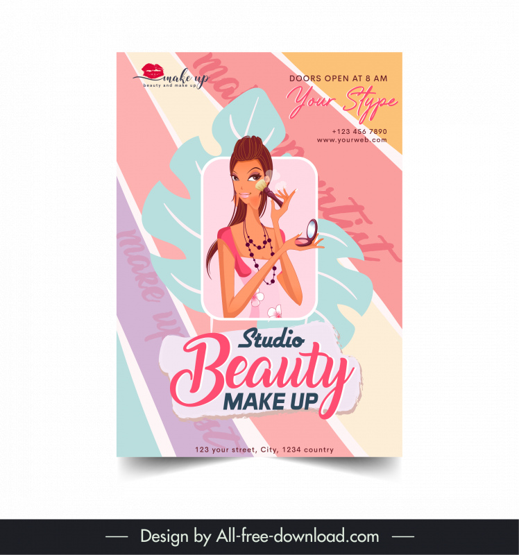 makeup beauty studio flyer template cartoon lady design 