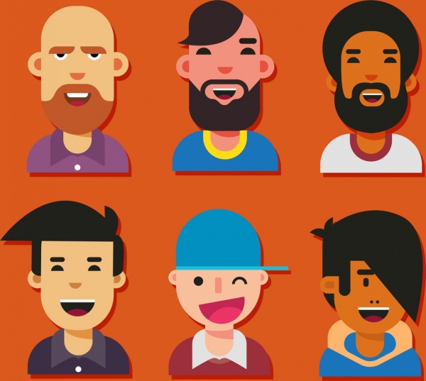 male avatar icons smile emotion colored cartoon design 