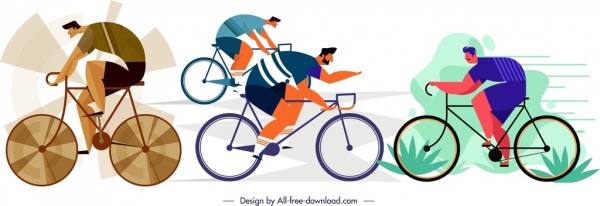 male cyclist icons cartoon characters sketch
