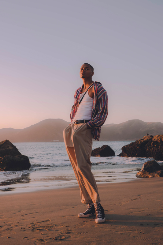 male fashion picture man posing seaside scene 