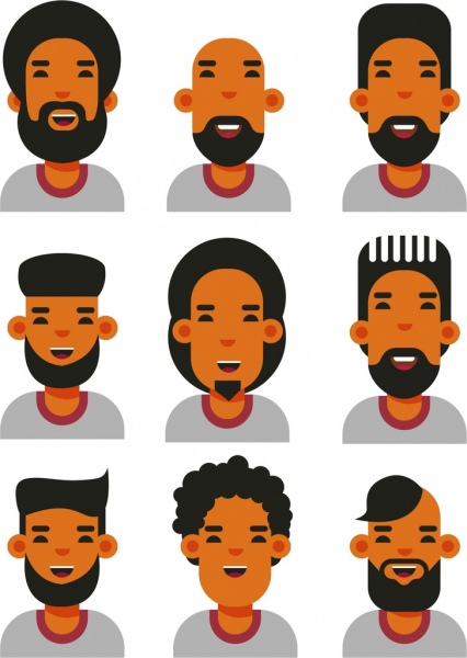 male hairstyle icons colored cartoon design 