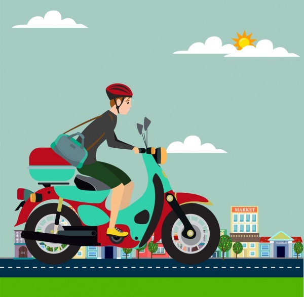 man riding motorbike background colorful cartoon design