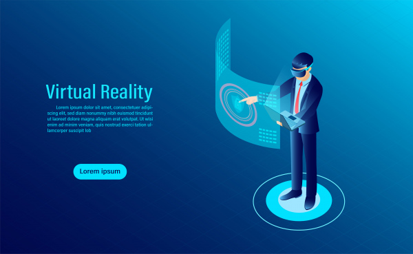 man wearing goggle vr with touching interface into virtual reality world future technology flat isometric vector illustration
