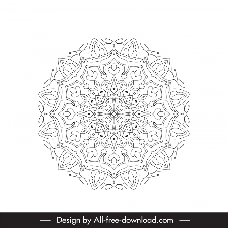 mandala buddhism design element black white symmetric floral circle shape outline