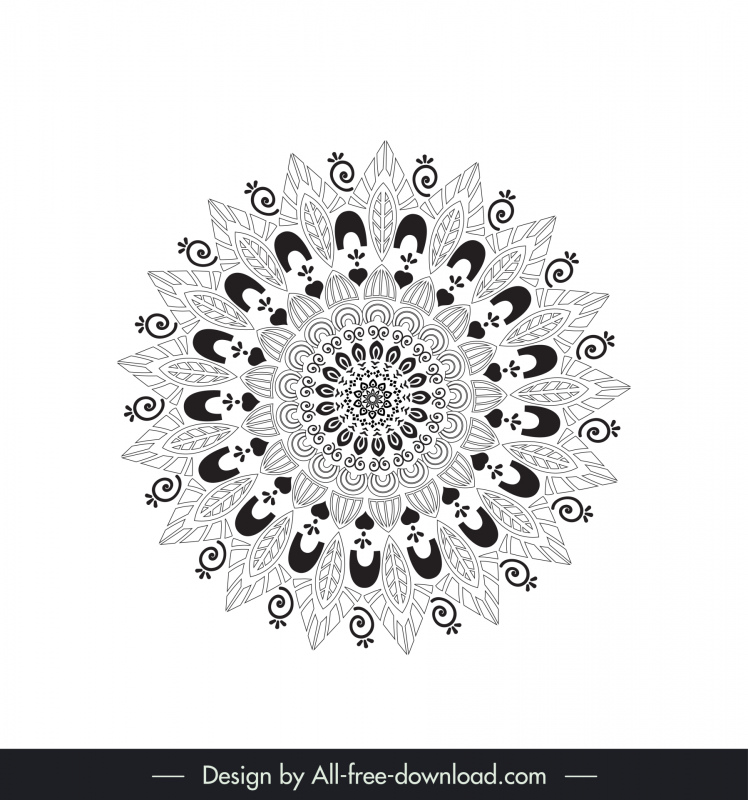 mandala flower design element black white symmetric illusion outline