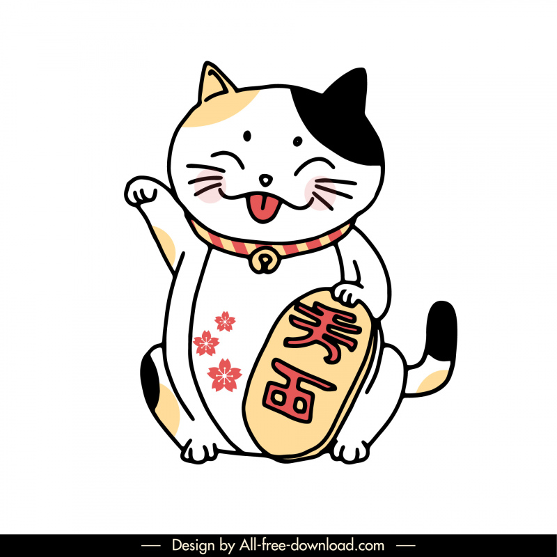 maneki neko cat icon flat cute classic handdrawn design 